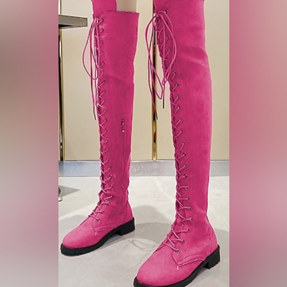 Hot Pink Faux Suede Boots - Picture 2 of 2